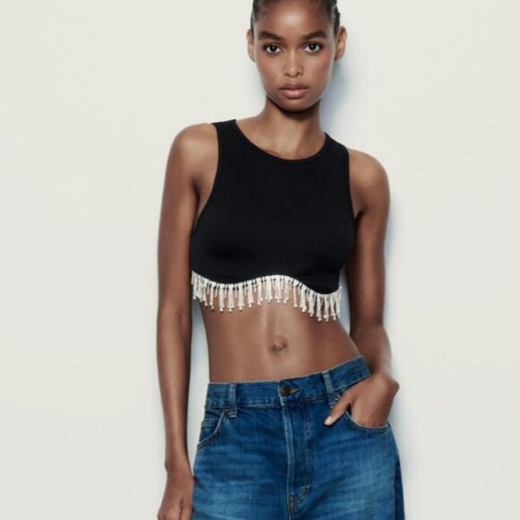 Zara Tops - Zara Jewel Rhinestone Viral Blogger Favorite Black Tank Top Size XS/S